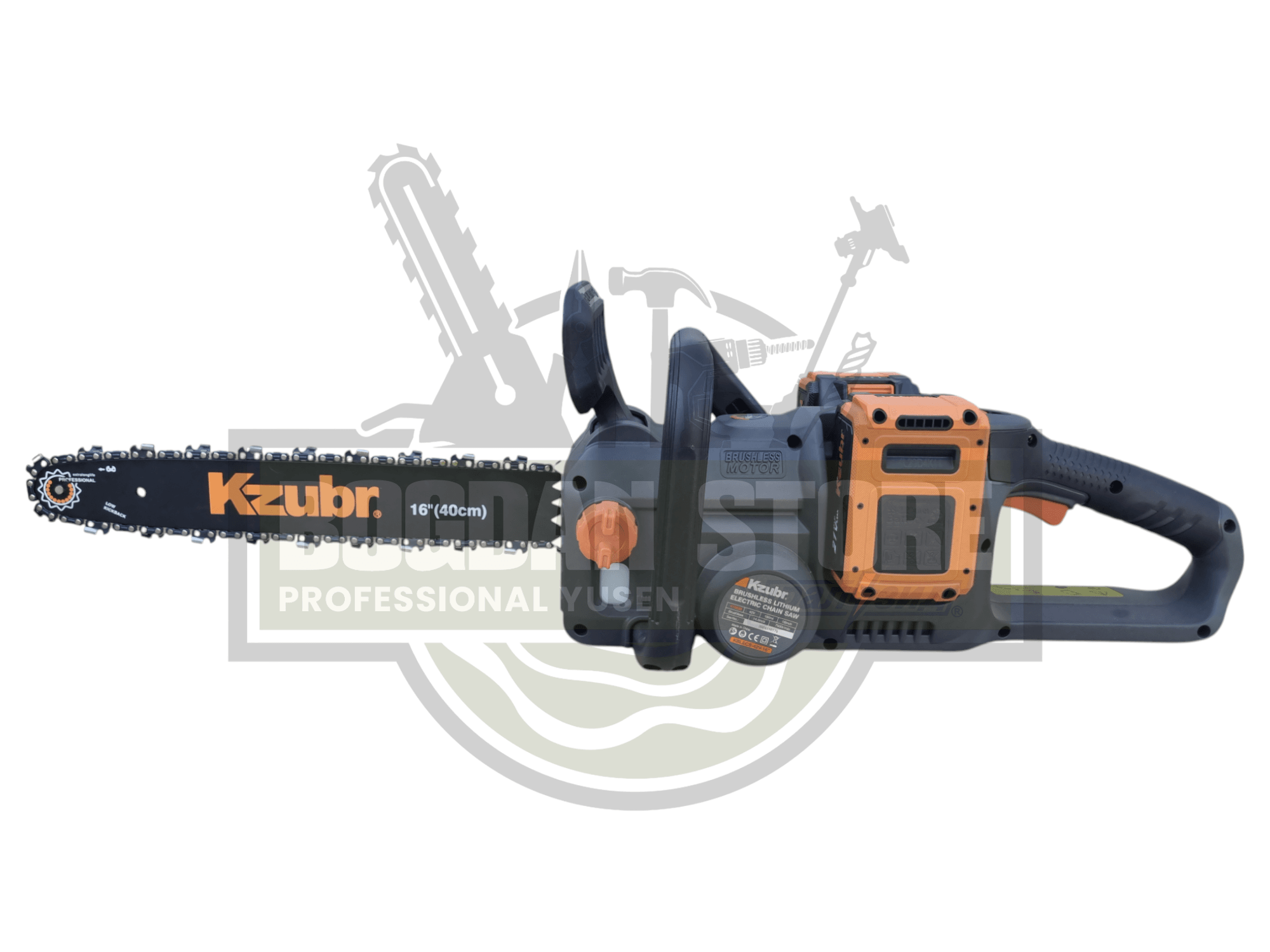 Fierastrau electric (drujba) cu lant pe 2 acumulatori KZUBR 42V Brushless, lama 40 cm, capacitate marita, 2 incarcatoare, ungere lant automata