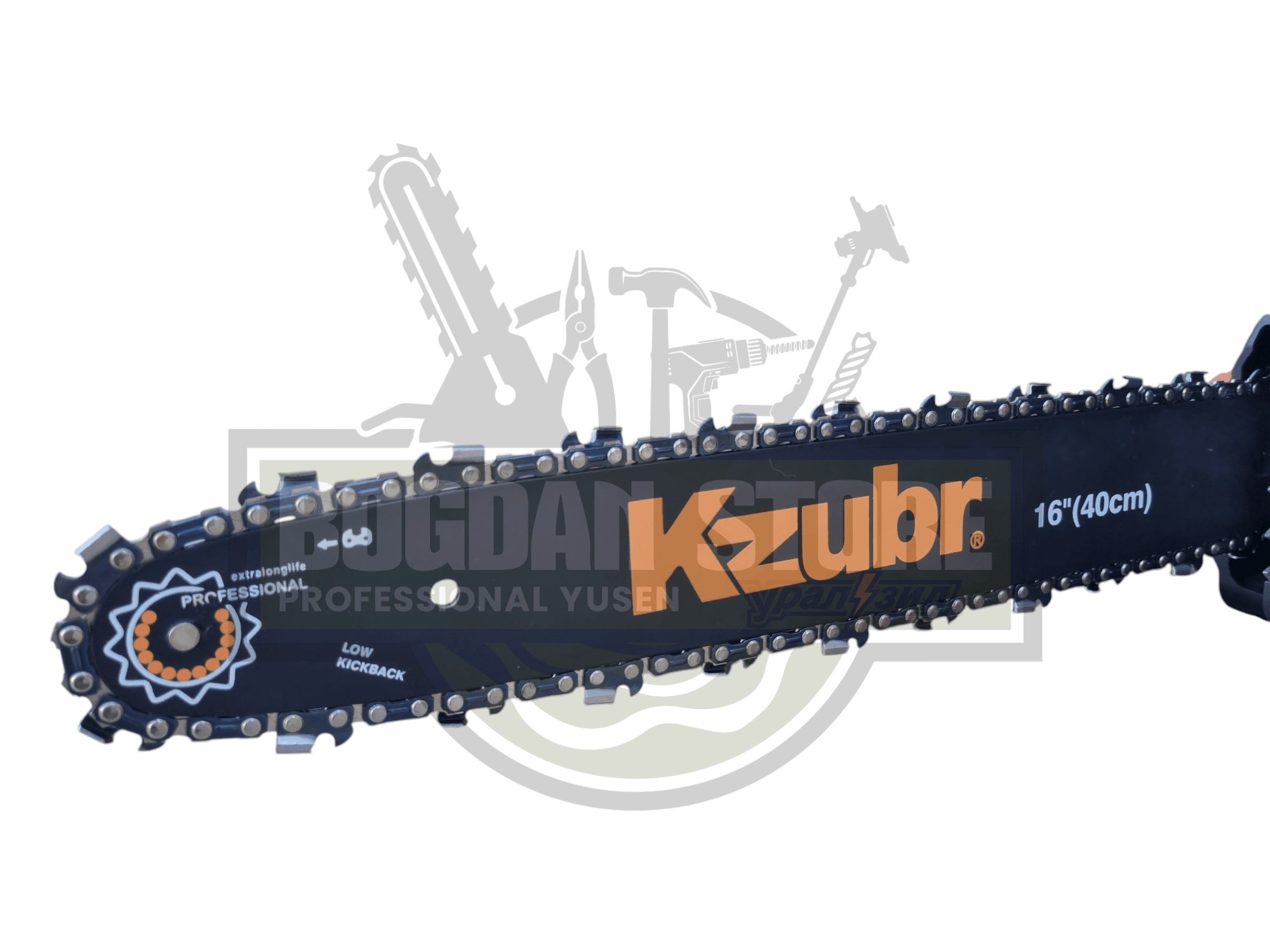 Fierastrau electric (drujba) cu lant pe 2 acumulatori KZUBR 42V Brushless, lama 40 cm, capacitate marita, 2 incarcatoare, ungere lant automata