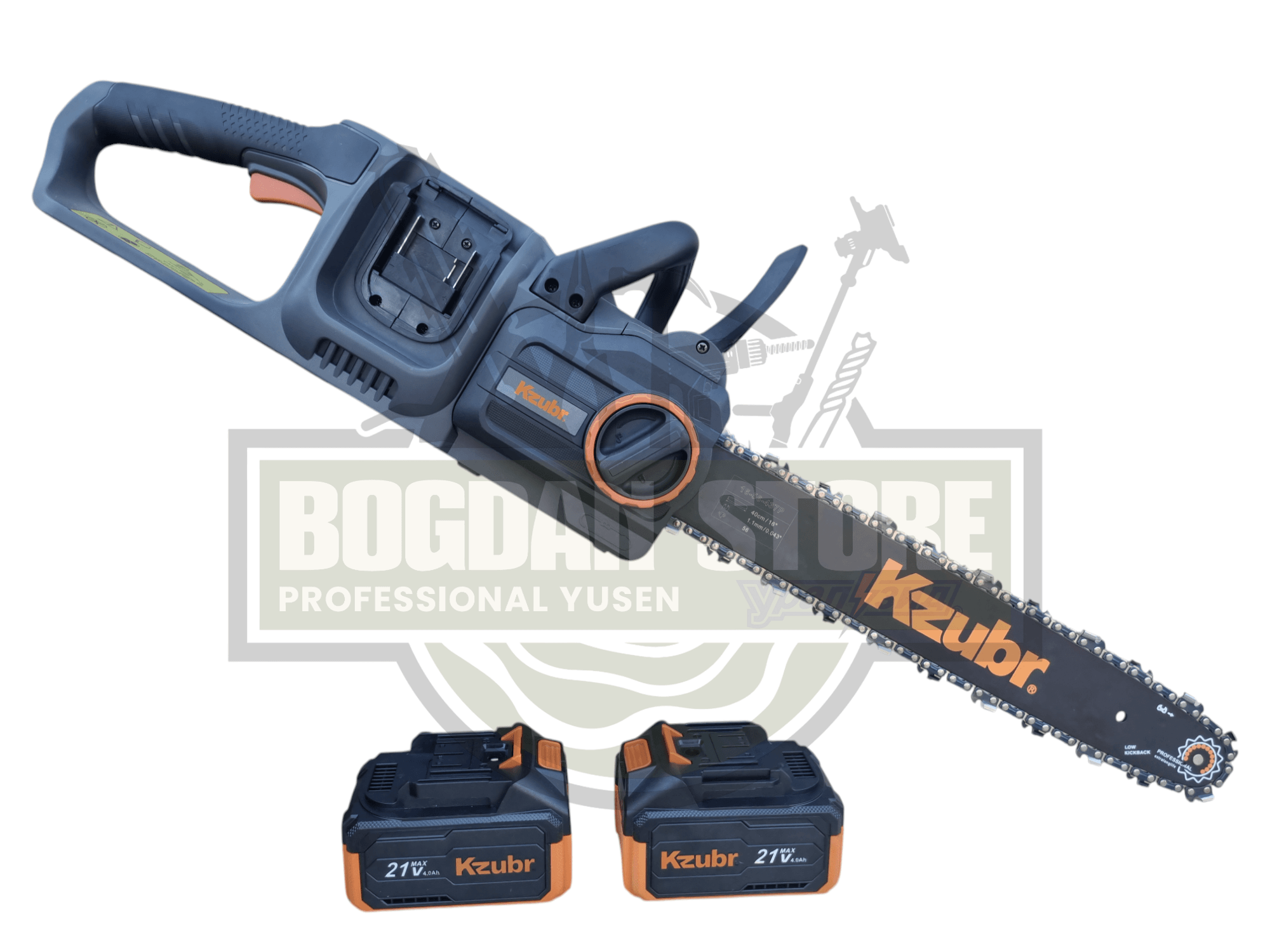 Fierastrau electric (drujba) cu lant pe 2 acumulatori KZUBR 42V Brushless, lama 40 cm, capacitate marita, 2 incarcatoare, ungere lant automata