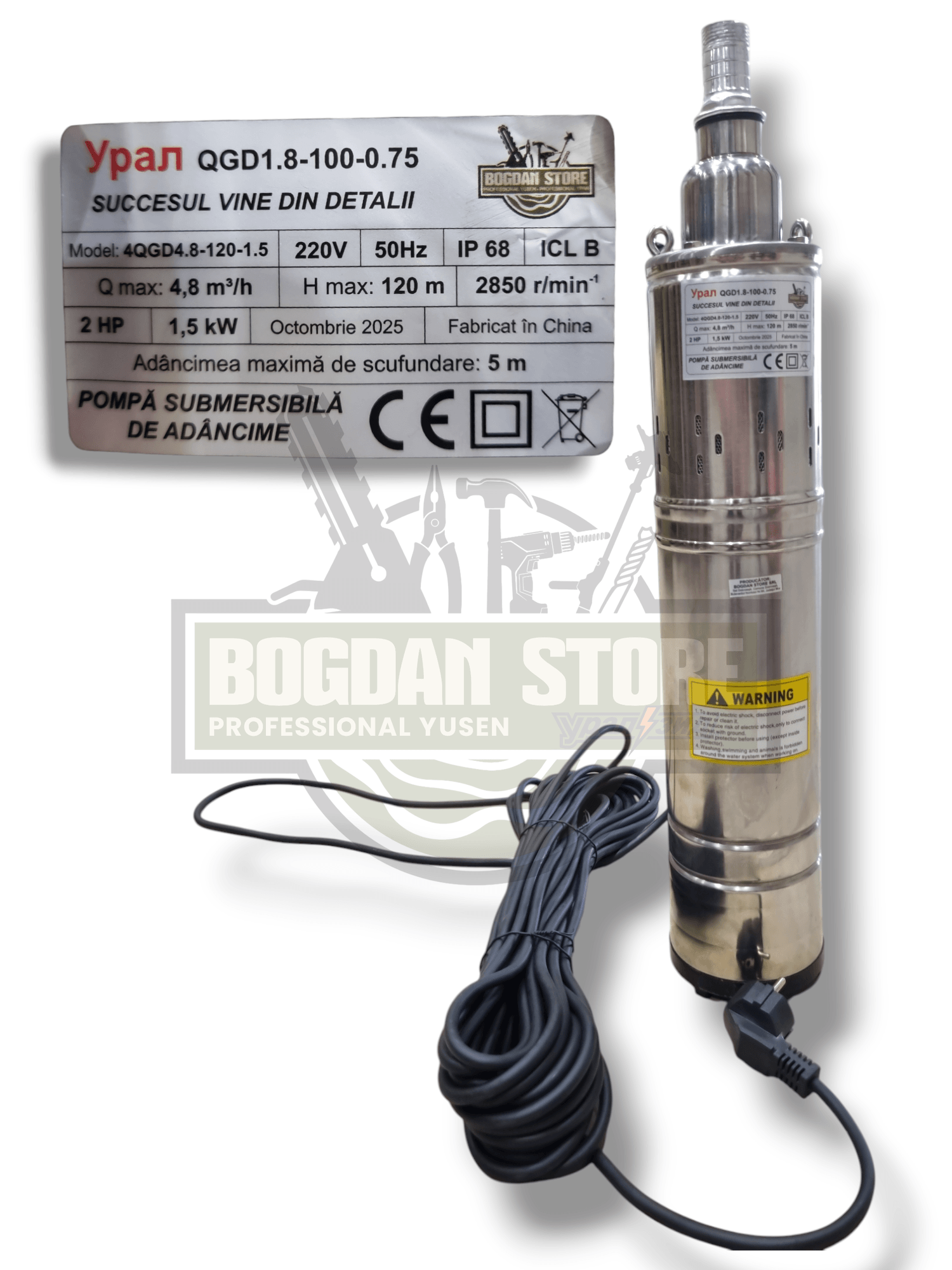 Pompă șnec Tun Submersibilă Inox Ural, 1500W, 120m Refulare, 4.8m³/oră