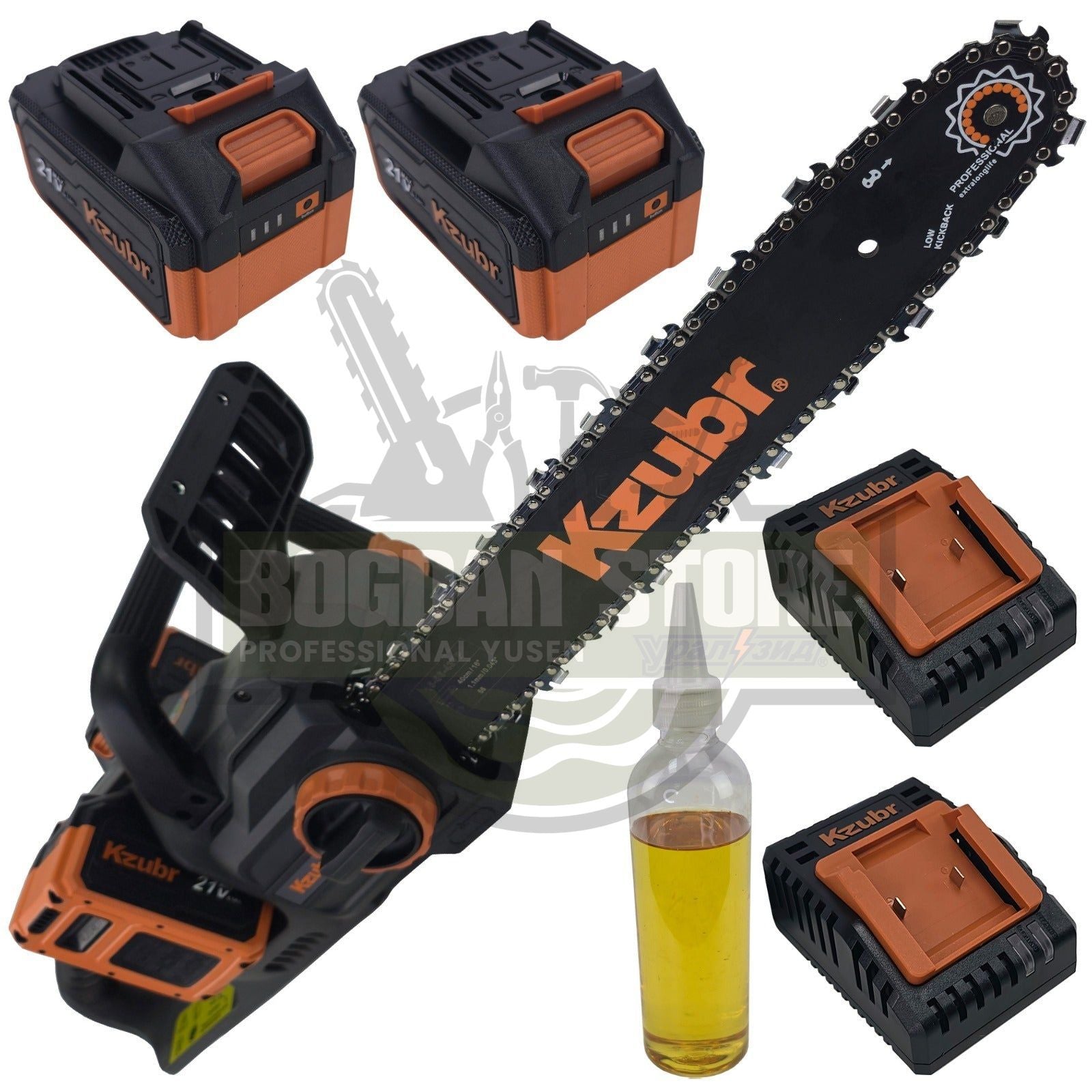 Fierastrau electric (drujba) cu lant pe 2 acumulatori KZUBR 42V Brushless, lama 40 cm, capacitate marita, 2 incarcatoare, ungere lant automata