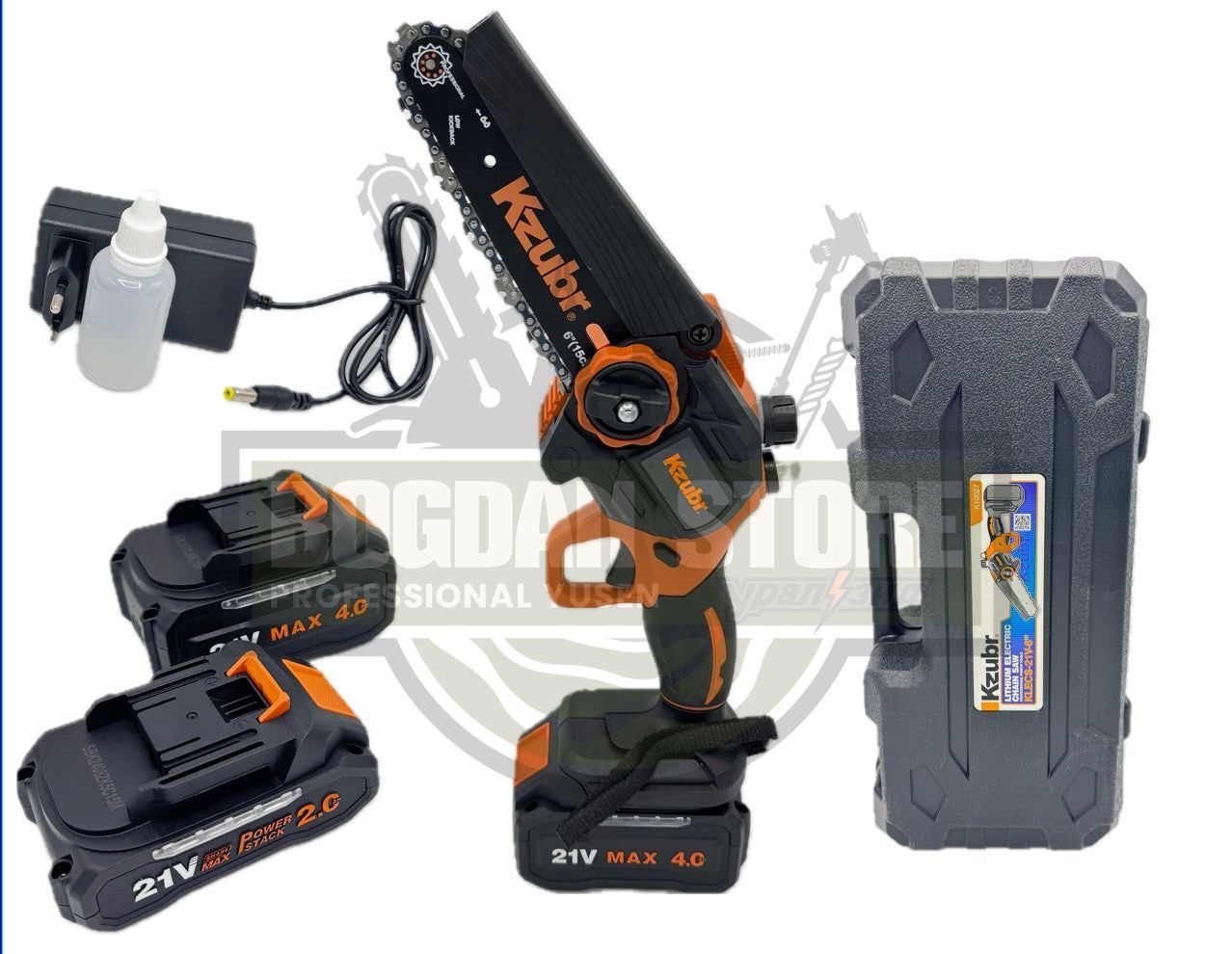 Mini fierastrau (mini drujba) cu 2 acumulatori Kzubr KLECS-21V-6” K10027, 21V, Rezervor ulei - sistem de ungere, Lama 20cm